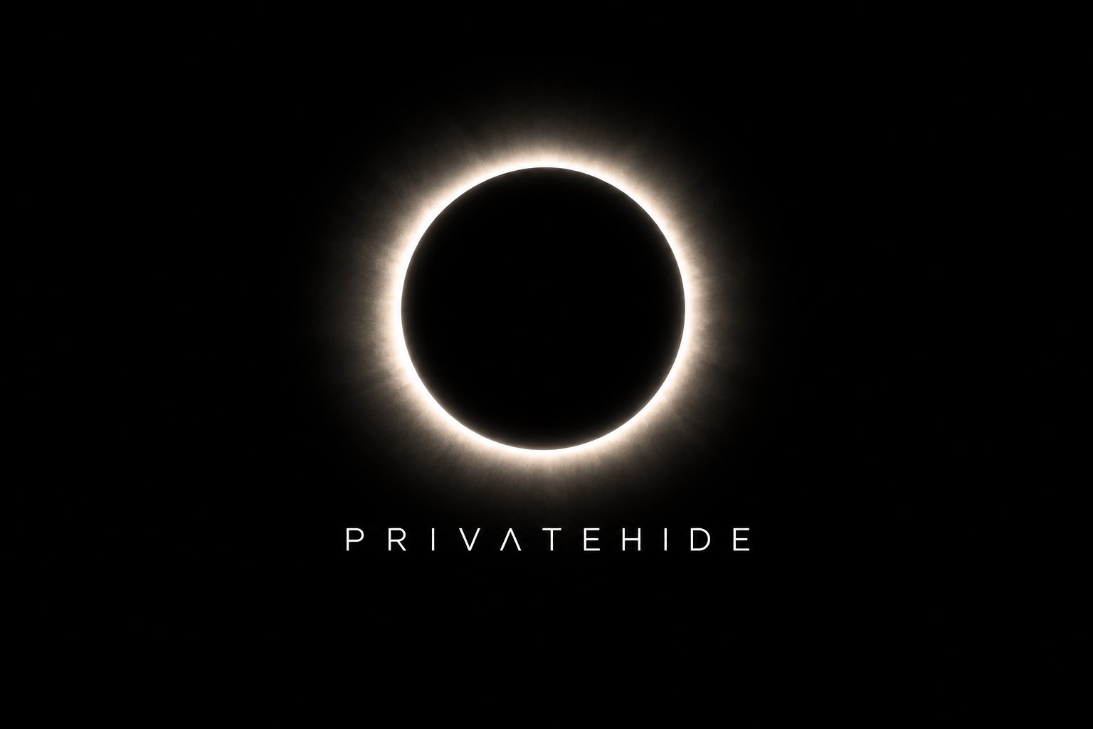 A total solar eclipse with a white corona above the PRIVATEHIDE wordmark